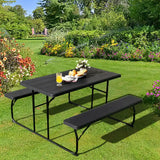 Foldable Picnic Table and Bench Set with Metal Frame and All Weather-resistant Surface for Backyard-Black