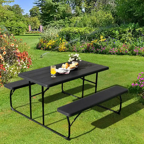 Foldable Picnic Table and Bench Set with Metal Frame and All Weather-resistant Surface for Backyard-Black