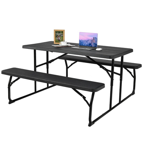 Foldable Picnic Table and Bench Set with Metal Frame and All Weather-resistant Surface for Backyard-Black