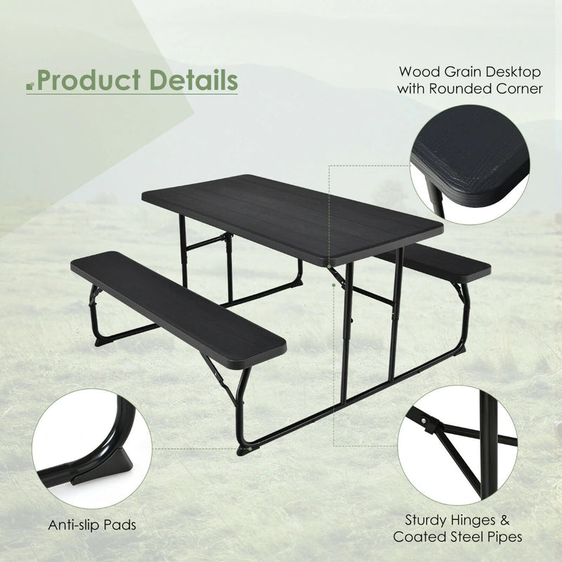 Foldable Picnic Table and Bench Set with Metal Frame and All Weather-resistant Surface for Backyard-Black