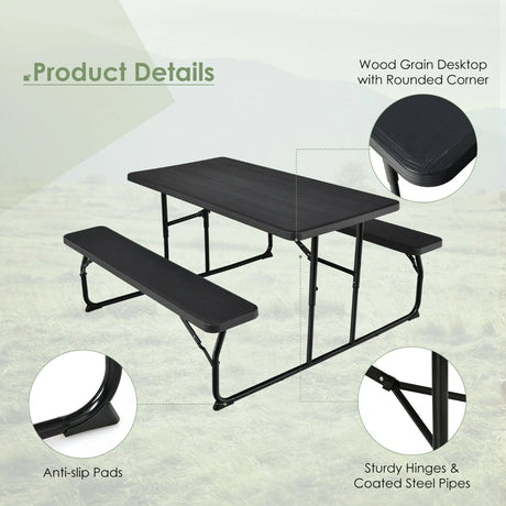 Foldable Picnic Table and Bench Set with Metal Frame and All Weather-resistant Surface for Backyard-Black