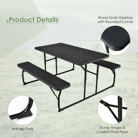 Foldable Picnic Table and Bench Set with Metal Frame and All Weather-resistant Surface for Backyard-Black