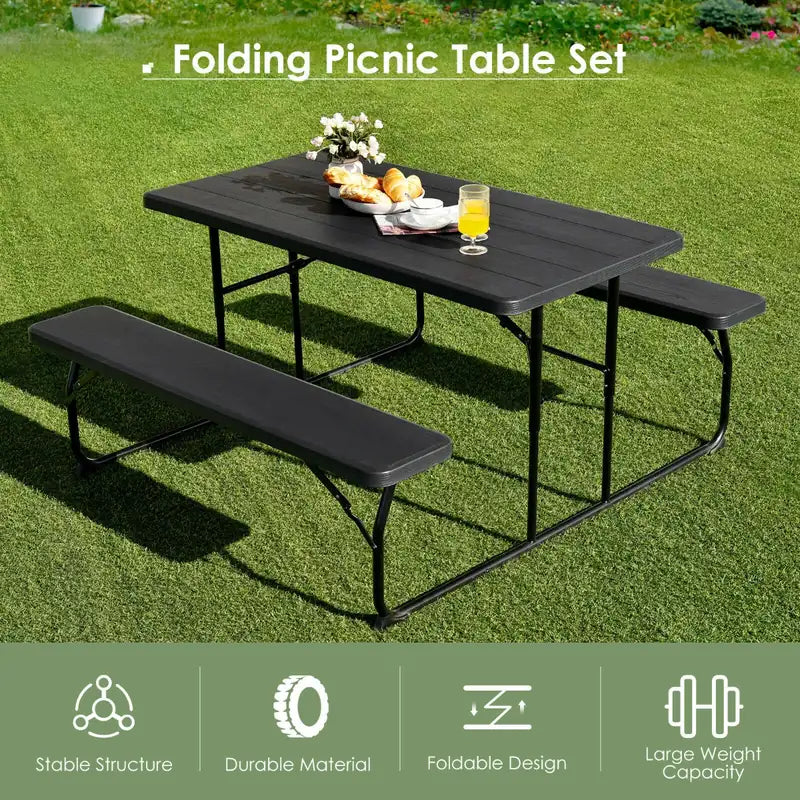 Foldable Picnic Table and Bench Set with Metal Frame and All Weather-resistant Surface for Backyard-Black