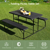 Foldable Picnic Table and Bench Set with Metal Frame and All Weather-resistant Surface for Backyard-Black