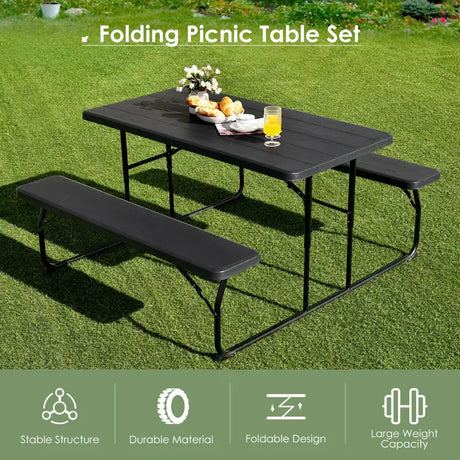 Foldable Picnic Table and Bench Set with Metal Frame and All Weather-resistant Surface for Backyard-Black