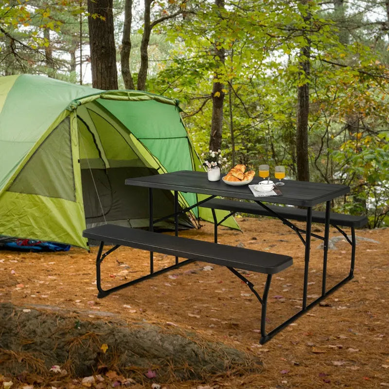 Foldable Picnic Table and Bench Set with Metal Frame and All Weather-resistant Surface for Backyard-Black