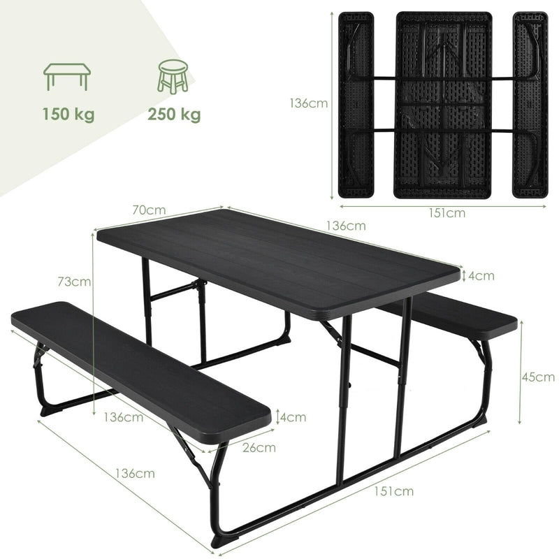 Foldable Picnic Table and Bench Set with Metal Frame and All Weather-resistant Surface for Backyard-Black
