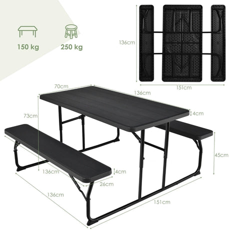 Foldable Picnic Table and Bench Set with Metal Frame and All Weather-resistant Surface for Backyard-Black