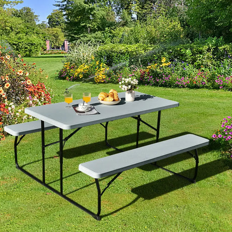Indoor and Outdoor Folding Picnic Table Bench Set with Wood-like Texture-Gray