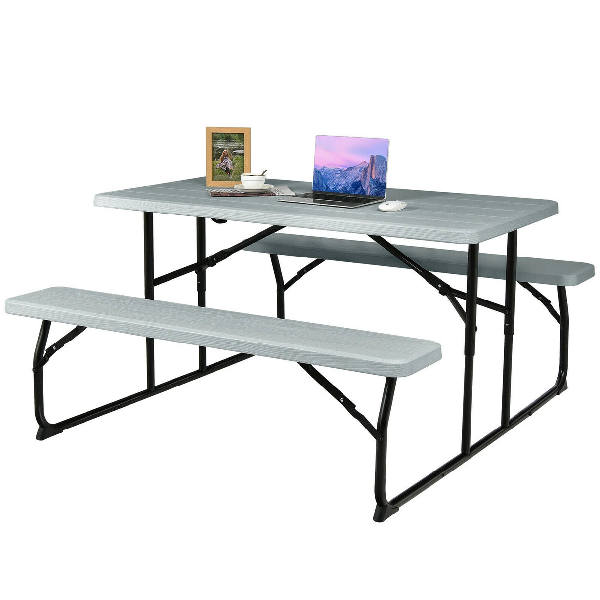 Indoor and Outdoor Folding Picnic Table Bench Set with Wood-like Texture-Gray