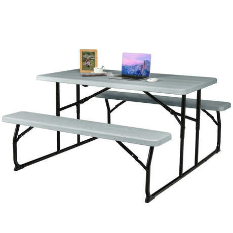 Indoor and Outdoor Folding Picnic Table Bench Set with Wood-like Texture-Gray