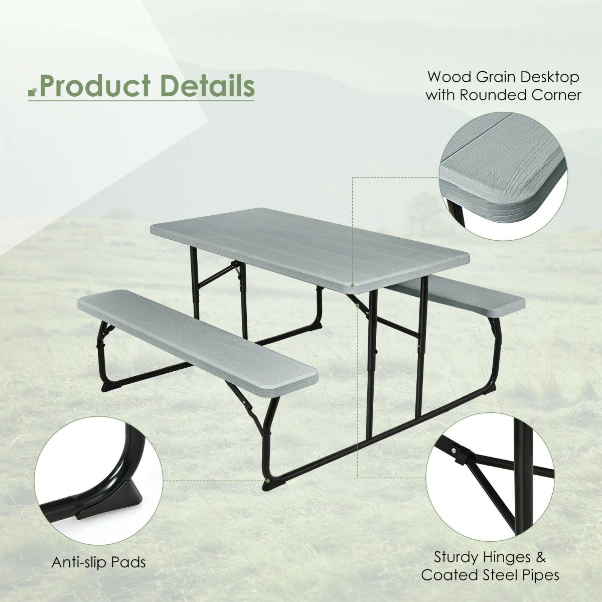 Indoor and Outdoor Folding Picnic Table Bench Set with Wood-like Texture-Gray
