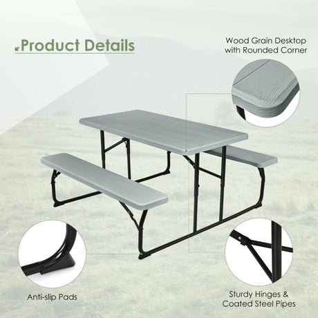 Indoor and Outdoor Folding Picnic Table Bench Set with Wood-like Texture-Gray
