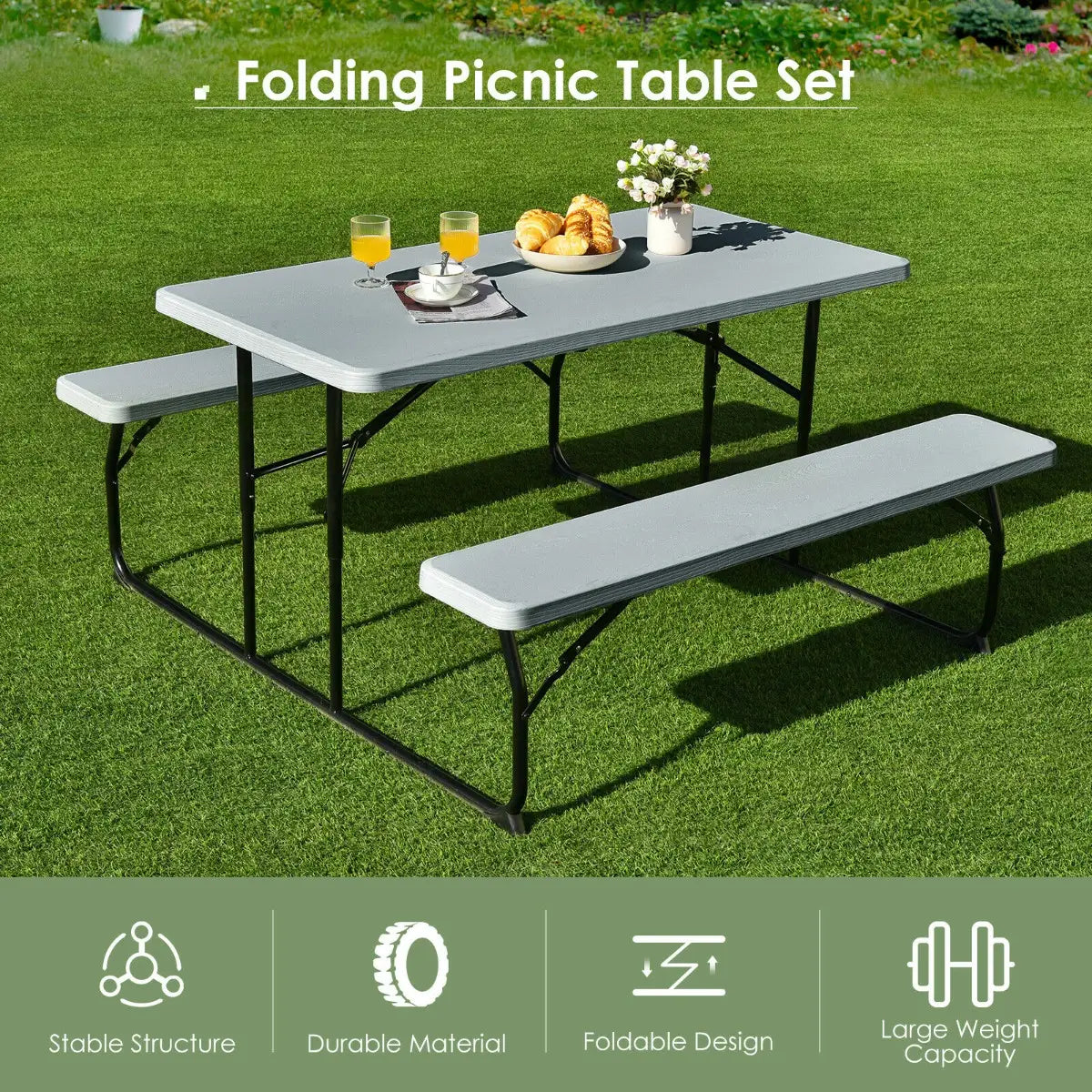 Indoor and Outdoor Folding Picnic Table Bench Set with Wood-like Texture-Gray