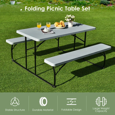 Indoor and Outdoor Folding Picnic Table Bench Set with Wood-like Texture-Gray
