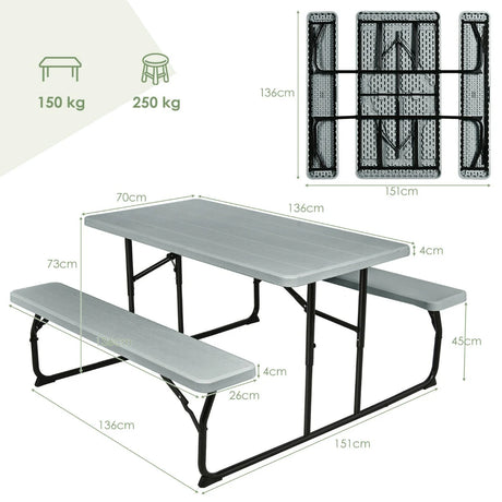 Indoor and Outdoor Folding Picnic Table Bench Set with Wood-like Texture-Gray