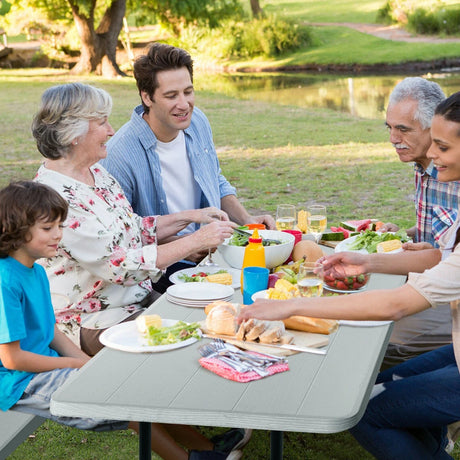 Indoor and Outdoor Folding Picnic Table Bench Set with Wood-like Texture-Gray