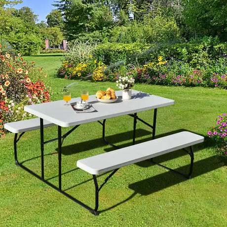 Foldable Picnic Table and Bench Set with Metal Frame and All Weather-resistant Surface for Backyard-Black