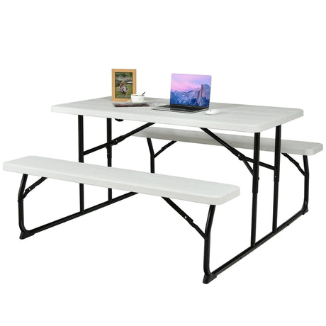 Foldable Picnic Table and Bench Set with Metal Frame and All Weather-resistant Surface for Backyard-Black