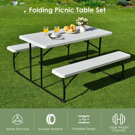 Foldable Picnic Table and Bench Set with Metal Frame and All Weather-resistant Surface for Backyard-Black