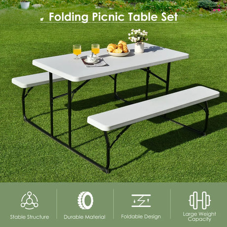 Foldable Picnic Table and Bench Set with Metal Frame and All Weather-resistant Surface for Backyard-Black