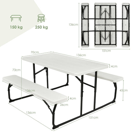 Foldable Picnic Table and Bench Set with Metal Frame and All Weather-resistant Surface for Backyard-Black