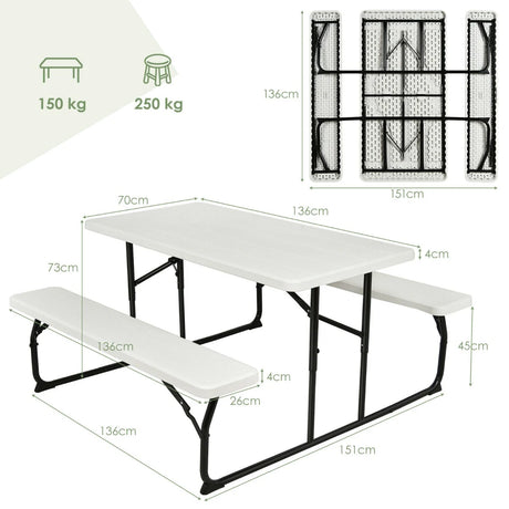 Foldable Picnic Table and Bench Set with Metal Frame and All Weather-resistant Surface for Backyard-Black