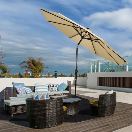 LED lighting cantilever umbrella round parasol solar powered garden umbrella crank-beige- 3M