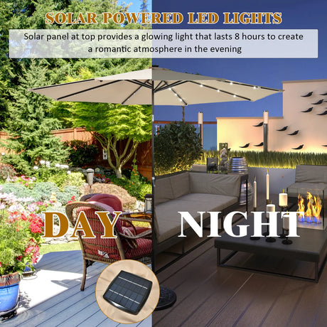 LED lighting cantilever umbrella round parasol solar powered garden umbrella crank-beige- 3M