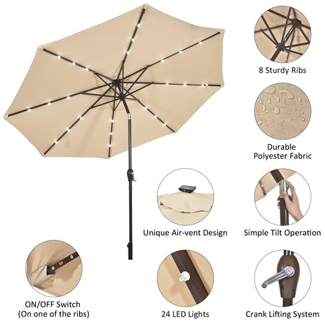 LED lighting cantilever umbrella round parasol solar powered garden umbrella crank-beige- 3M