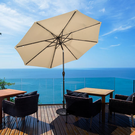 LED lighting cantilever umbrella round parasol solar powered garden umbrella crank-beige- 3M