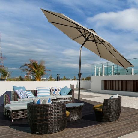 LED lighting cantilever umbrella round parasol solar powered garden umbrella crank-brown- 3M