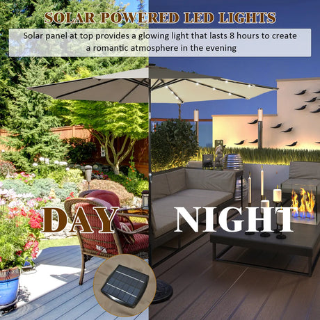 LED lighting cantilever umbrella round parasol solar powered garden umbrella crank-brown- 3M