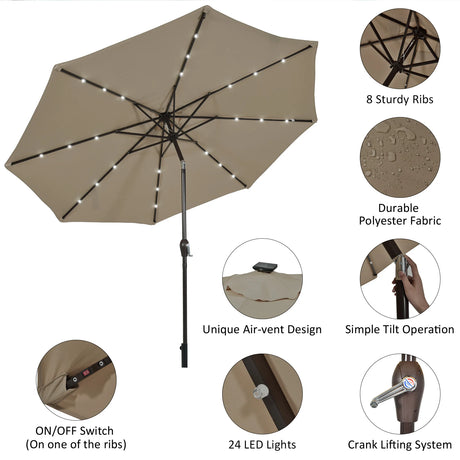 LED lighting cantilever umbrella round parasol solar powered garden umbrella crank-brown- 3M