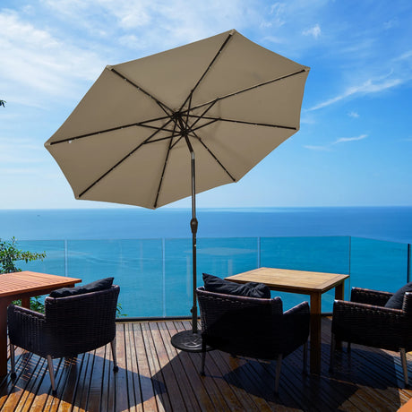 LED lighting cantilever umbrella round parasol solar powered garden umbrella crank-brown- 3M