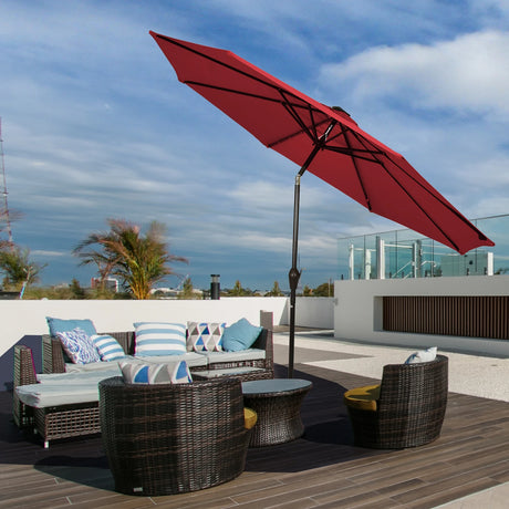 LED lighting cantilever umbrella round parasol solar powered garden umbrella crank-red- 3M