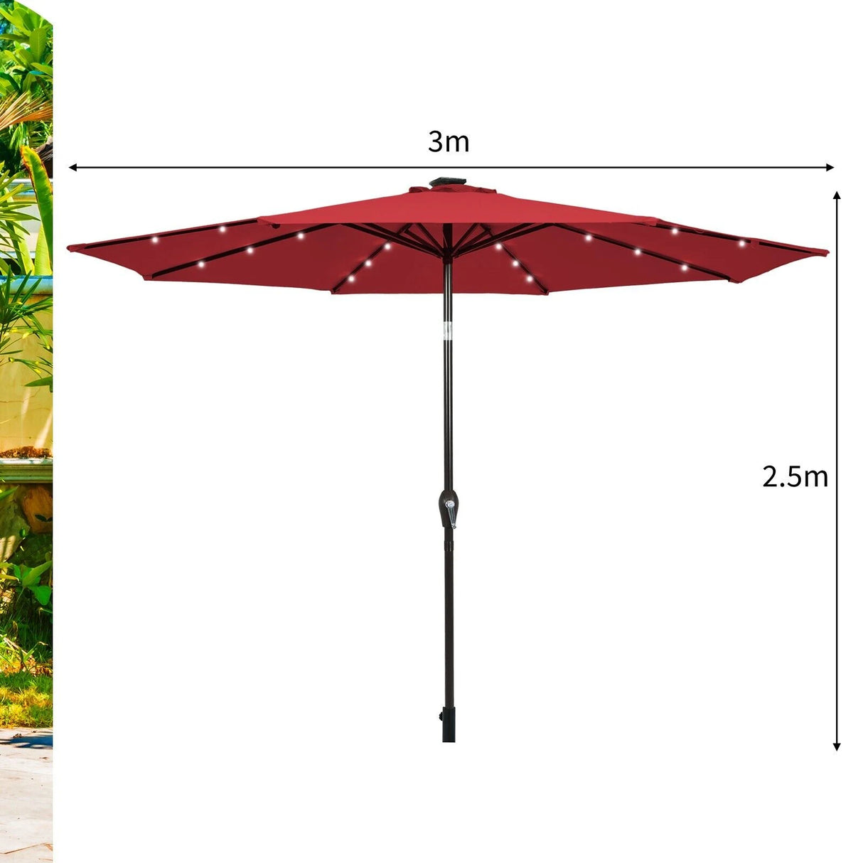 LED lighting cantilever umbrella round parasol solar powered garden umbrella crank-red- 3M