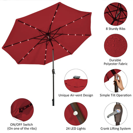 LED lighting cantilever umbrella round parasol solar powered garden umbrella crank-red- 3M
