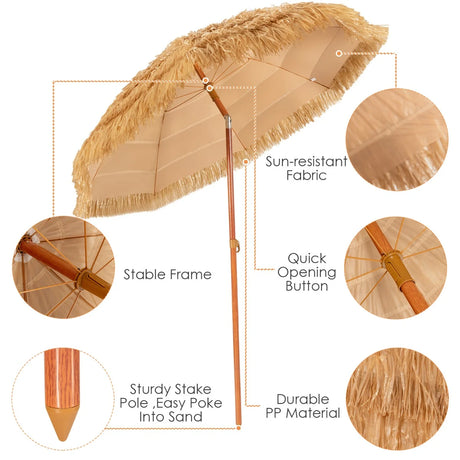 2m Thatch Umbrella Tilting Outdoor Beach Patio Sun Shelter Parasol