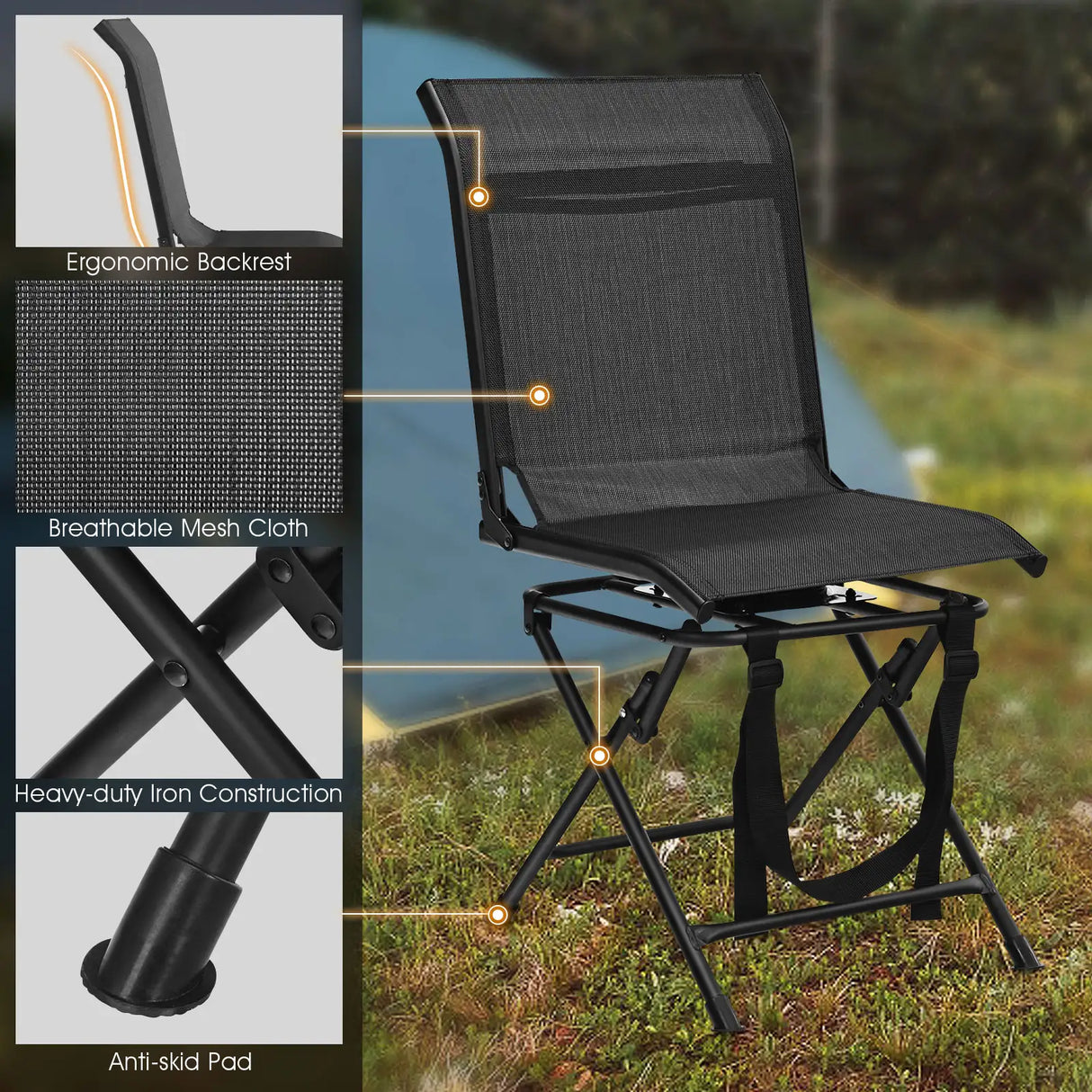 360 Swivel Hunting Blind Chair with Sturdy Metal Frame Support up to 330 lbs-Black