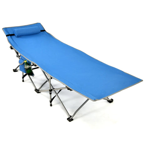 Folding Camping Cot with Side Storage Pocket &amp; Detachable Headrest-Blue