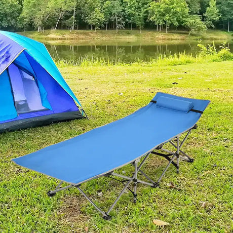 Folding Camping Cot with Side Storage Pocket &amp; Detachable Headrest-Blue