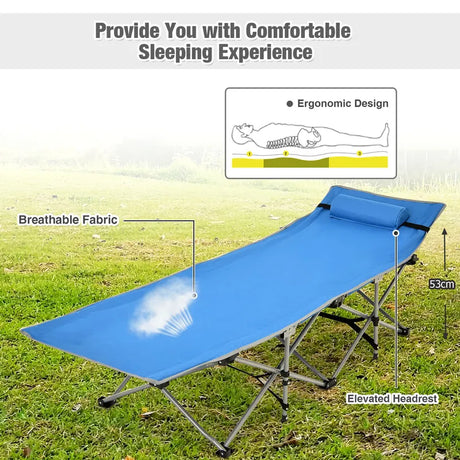 Folding Camping Cot with Side Storage Pocket &amp; Detachable Headrest-Blue