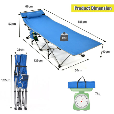 Folding Camping Cot with Side Storage Pocket &amp; Detachable Headrest-Blue
