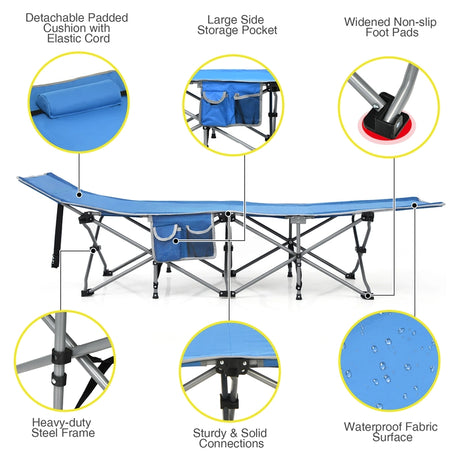 Folding Camping Cot with Side Storage Pocket &amp; Detachable Headrest-Blue
