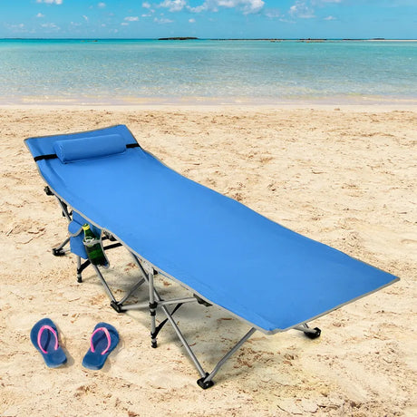 Folding Camping Cot with Side Storage Pocket &amp; Detachable Headrest-Blue