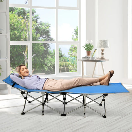 Folding Camping Cot with Side Storage Pocket &amp; Detachable Headrest-Blue