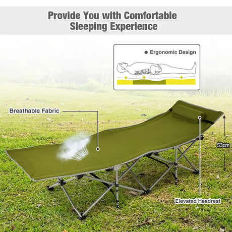 Folding Camping Cot with Side Storage Pocket &amp; Detachable Headrest-Green