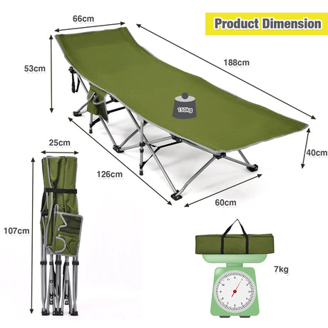 Folding Camping Cot with Side Storage Pocket &amp; Detachable Headrest-Green