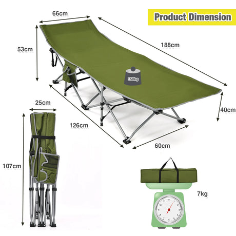 Folding Camping Cot with Side Storage Pocket &amp; Detachable Headrest-Green